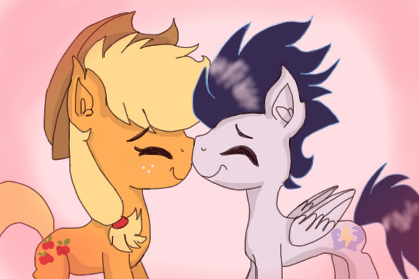 Size: 600x400 | Tagged: applejack, artist:rainbownightfury, cute, derpibooru import, female, male, nuzzling, safe, shipping, soarin', soarinjack, straight