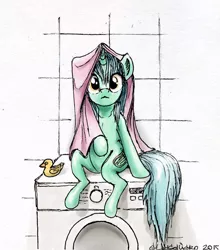 Size: 540x613 | Tagged: artist:el-yeguero, derpibooru import, lyra heartstrings, lyra's household adventure, rubber duck, safe, solo, towel, washing machine, wet, wet mane