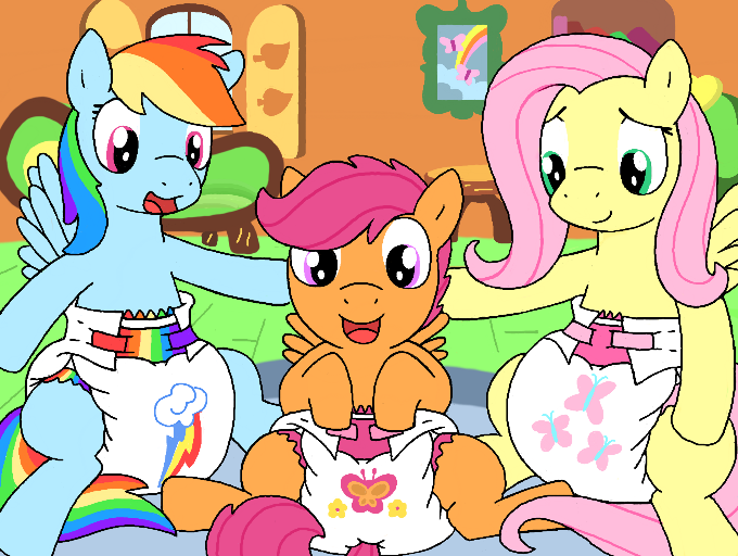 Size: 680x512 | Tagged: artist:organic, derpibooru import, diaper, diaper fetish, fetish, fluttershy, fluttershy's cottage, poofy diaper, questionable, rainbow dash, scootaloo