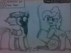 Size: 620x461 | Tagged: safe, artist:ljdamz1119, derpibooru import, pinkie pie, twilight sparkle, twilight sparkle (alicorn), alicorn, pony, female, mare, monochrome, party cannon, traditional art