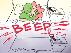 Size: 1000x750 | Tagged: alarm clock, artist:nobody, bed, clock, derpibooru import, disappear, dream, edit, female, good end, human, male, oc, oc:anon, pinkie pie, reality ensues, safe, series:anon's alarm clock, snuggling, straight, what a twist
