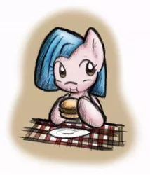 Size: 640x746 | Tagged: safe, artist:zutcha, derpibooru import, oc, oc:cloudy skies (pap), unofficial characters only, pegasus, pony, fanfic:founders of alexandria, fanfic:the last pony on earth, ponies after people, burger, eating, female, food, hay burger, hoof hold, hooves, illustration, mare, plate, solo, wings