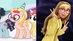 Size: 764x436 | Tagged: safe, derpibooru import, screencap, booksmart, honey lemon, moondancer's sister, morning roast, pony, unicorn, amending fences, big hero 6, comparison, glasses, hat, looking at you, op is a slowpoke, party hat, peace sign, slowpoke, smiling