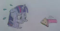 Size: 2245x1165 | Tagged: artist:dullpoint, derpibooru import, drawing, food, offscreen character, pinkie pie, quesadilla, safe, sketch, they're just so cheesy, traditional art, twilight sparkle