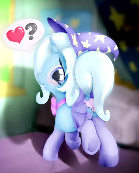 Size: 1188x1485 | Tagged: suggestive, artist:mgmax, derpibooru import, trixie, pony, unicorn, blushing, bowtie, clothes, dock, female, hat, mare, panties, pink underwear, skirt, smiling, socks, trixie's hat, underhoof, underwear