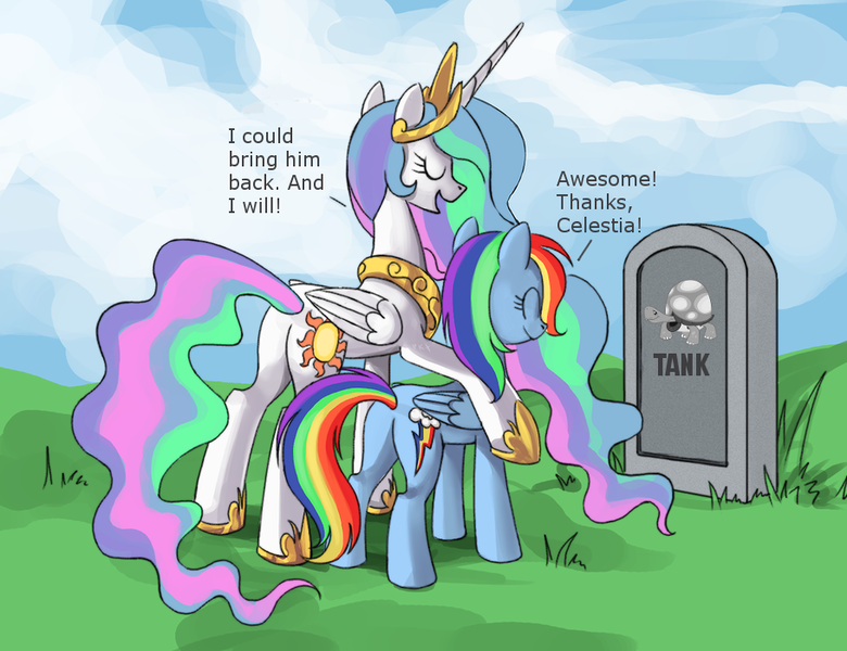 Size: 910x700 | Tagged: safe, artist:ponykillerx, derpibooru import, edit, princess celestia, rainbow dash, tank, alicorn, pegasus, pony, do princesses dream of magic sheep, butt, celestia's grave meme, exploitable meme, female, good end, implied death, mare, meme, nicelestia, plot, resurrection, subverted meme