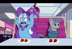 Size: 1280x880 | Tagged: safe, artist:digoraccoon, derpibooru import, maud pie, trixie, pony, unicorn, apple, booth, crossover, diner, female, food, keystone motel, lesbian, mare, mauxie, plate, ruby (steven universe), sapphire (steven universe), scene interpretation, shipping, steven universe, yelling