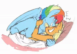 Size: 1024x723 | Tagged: suggestive, artist:nolycs, derpibooru import, applejack, rainbow dash, anthro, appleblitz (straight), appledash, bed, blushing, female, half r63 shipping, implied nudity, implied sex, lesbian, male, rainbow blitz, rule 63, shipping, smiling, snuggling, straight, wristband