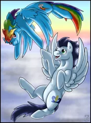 Size: 1024x1386 | Tagged: safe, artist:stormblaze-pegasus, derpibooru import, rainbow dash, soarin', female, flying, male, shipping, soarindash, straight