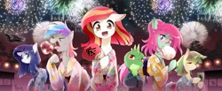 Size: 1280x527 | Tagged: safe, artist:yuki-zakuro, derpibooru import, oc, oc:poniko, oc:rokuchan, unofficial characters only, dragon, pony, clothes, fireworks, kimono (clothing), looking at you