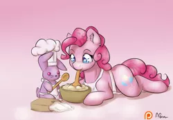 Size: 1280x886 | Tagged: safe, artist:alasou, deleted from derpibooru, derpibooru import, pinkie pie, earth pony, pony, rabbit, animal, apron, baking, batter, chef's hat, clothes, cute, diapinkes, ear fluff, female, flour, flour sack, food, hat, mare, mixing, mouth hold, patreon, patreon logo, pink background, plushie, prone, simple background, smiling, solo, spoon