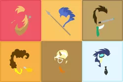 Size: 1024x683 | Tagged: safe, artist:dreamchallenger, derpibooru import, big macintosh, cheese sandwich, doctor whooves, flash sentry, soarin', time turner, trenderhoof, earth pony, pony, doctor who, glasses, male, minimalist, modern art, necktie, noisemaker, silhouette, sonic screwdriver, spear, stallion, vector, weapon