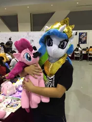 Size: 852x1136 | Tagged: artist:hutouluosha, derpibooru import, fursuit, guangzhou furrycon, human, irl, irl human, photo, pinkie pie, plushie, princess celestia, rainbow scratch(coser), safe