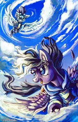 Size: 903x1414 | Tagged: artist:matrosha123, clothes, cloud, cloudy, dead source, derpibooru import, flying, goggles, oc, oc:stormblaze, safe, soarin', uniform, wonderbolts uniform