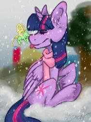 Size: 1024x1365 | Tagged: safe, artist:misocosmis, derpibooru import, twilight sparkle, twilight sparkle (alicorn), alicorn, fairy, pony, clothes, female, mare, scarf, snow, snowfall, tongue out