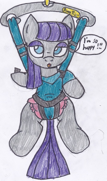 Size: 2021x3401 | Tagged: artist:cuddlelamb, baby bouncer, boulder (pet), derpibooru import, diaper, diaper fetish, fetish, maud pie, pony price company, questionable, solo, traditional art