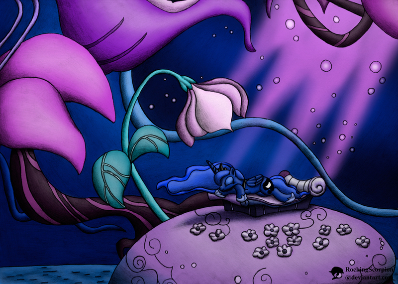 Size: 1000x712 | Tagged: safe, artist:rockingscorpion, derpibooru import, princess luna, alicorn, pony, do princesses dream of magic sheep, dream, female, flower, giant flower, luna's dream, mare, night, sleeping, solo, surreal