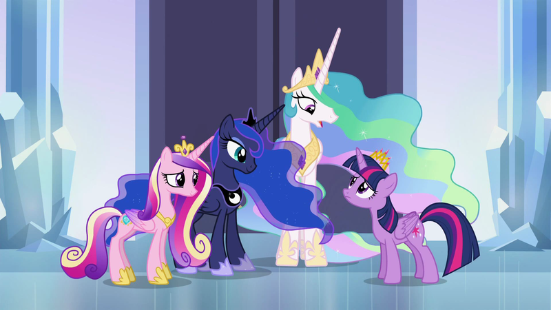 Size: 1920x1080 | Tagged: safe, derpibooru import, screencap, princess cadance, princess celestia, princess luna, twilight sparkle, twilight sparkle (alicorn), alicorn, pony, twilight's kingdom, alicorn tetrarchy, crystal empire, female, frown, mare, new crown, reassurance, size comparison, smiling, talking, unsure, worried