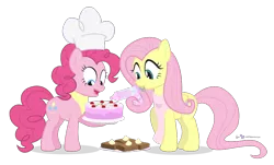 Size: 960x580 | Tagged: andrea libman, apron, artist:dm29, baking, birthday cake, brownies, cake, chef's hat, clothes, derpibooru import, duo, fluttershy, food, frosting, happy birthday, hat, pinkie pie, safe, simple background, transparent background, voice actor joke