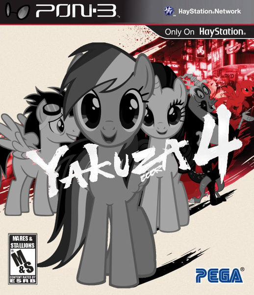 Size: 648x750 | Tagged: safe, artist:nickyv917, derpibooru import, derpy hooves, discord, rainbow dash, rarity, soarin', pegasus, pony, box art, crossover, female, mare, parody, playstation, playstation 3, ryu ga gotoku, sega, video game, yakuza, yakuza 4