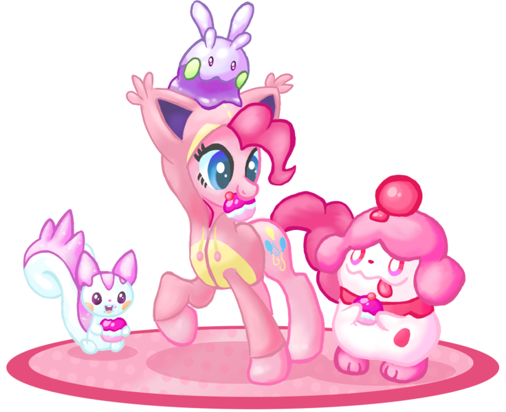 Size: 1272x1037 | Tagged: artist:metax-z, clothes, crossover, cupcake, derpibooru import, food, goomy, hoodie, pachirisu, pinkie pie, pokémon, safe, shiny pokémon, skitty, slurpuff