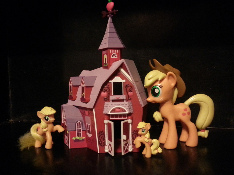 Size: 1280x960 | Tagged: apple bloom, apple family, applejack, barn, big macintosh, blind bag, derpibooru import, funko, granny smith, irl, mcdonald's happy meal toys, photo, safe, size comparison, sweet apple acres, toy