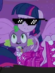 Size: 456x604 | Tagged: safe, derpibooru import, edit, edited screencap, screencap, rarity, spike, twilight sparkle, dog, equestria girls, equestria girls (movie), boots, clothes, deal with it, dress, fall formal outfits, glasses, high heel boots, ponied up, shoes, spike the dog, twilight ball dress