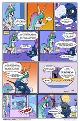 Size: 1013x1538 | Tagged: artist:pony-berserker, bed, best sisters, blast, comic, comic:the royal flu, derpibooru import, dialogue, i can't believe it's not idw, magic, magic blast, princess celestia, princess luna, safe, sick, speech bubble, tissue