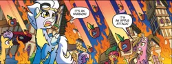 Size: 1263x468 | Tagged: safe, artist:tonyfleecs, derpibooru import, idw, babs seed, cheerilee, flash sentry, fleetfoot, sunflower (character), earth pony, pegasus, pony, night of the living apples, spoiler:comic, spoiler:comic32, apple, clothes, death from above, female, fire, food, goggles, invasion, living apple, mare, official comic, ponyville, speech bubble, uniform, wonderbolts uniform