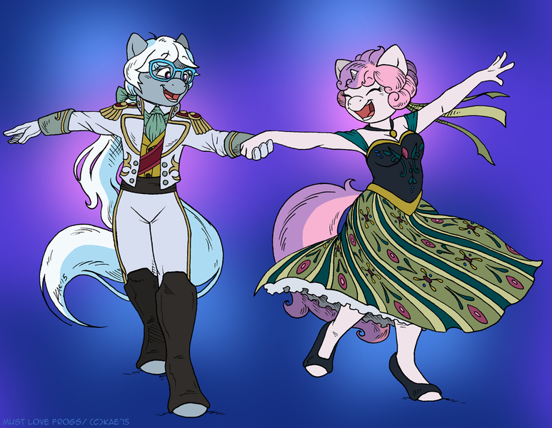 Size: 1200x931 | Tagged: anna, anthro, artist:kaemantis, clothes, cosplay, costume, derpibooru import, female, frozen (movie), lesbian, prince hans, princess anna belle, safe, shipping, silverbelle, silver spoon, sweetie belle, unguligrade anthro