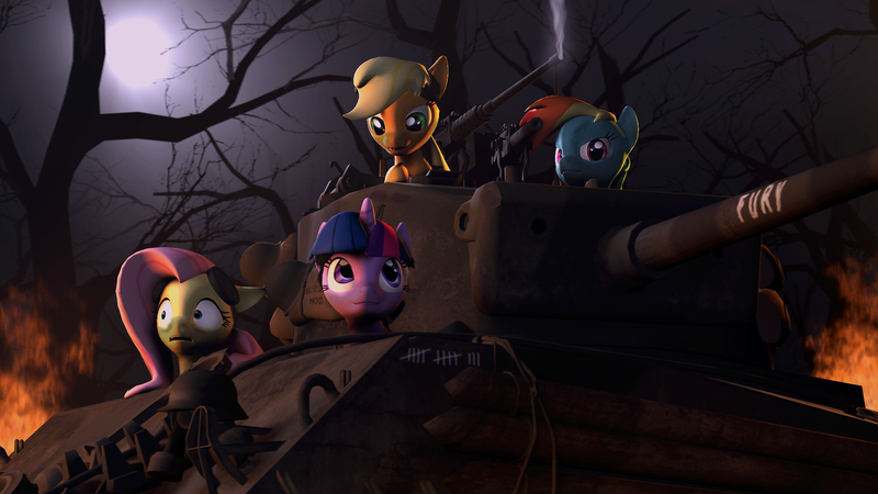 Size: 1920x1080 | Tagged: 3d, applejack, artist:indexpony, crossover, derpibooru import, fluttershy, m4 sherman, rainbow dash, safe, source filmmaker, tank (vehicle), twilight sparkle