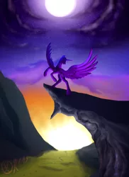 Size: 1280x1760 | Tagged: safe, artist:xormak, derpibooru import, twilight sparkle, twilight sparkle (alicorn), alicorn, pony, female, mare, moon, rearing, scenery, solo, spread wings, sun, twilight (astronomy), wings