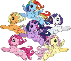 Size: 3502x3000 | Tagged: safe, artist:theshadowstone, derpibooru import, applejack, fluttershy, pinkie pie, rainbow dash, rainbow dash (g3), rarity, twilight sparkle, twilight sparkle (alicorn), alicorn, pony, female, g3, g4 to g3, generation leap, mane six, mare, simple background, starry eyes, transparent background, wingding eyes