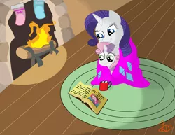 Size: 6600x5100 | Tagged: absurd resolution, artist:icesticker, blanket, book, chocolate, derpibooru import, fire, food, hearth's warming eve, hot chocolate, marshmallow, pinkie pie, rarity, rarity using marshmallows, safe, sweetie belle, sweetie belle using marshmallows