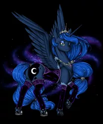 Size: 3878x4693 | Tagged: alicorn, artist:longinius, bedroom eyes, black background, clothed ponies, clothes, corset, derpibooru import, eyeshadow, female, grin, jewelry, lingerie, looking at you, makeup, necklace, princess luna, raised hoof, series:rarity's secret, simple background, smiling, socks, solo, solo female, spread wings, stockings, suggestive, thigh highs, wingboner, wings
