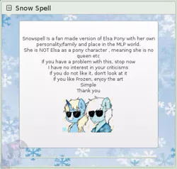 Size: 491x467 | Tagged: blatant lies, derpibooru import, elsa, explanation, frozen (movie), jack frost, meta, oc, oc:snow spell, rise of the guardians, safe, seems legit, text, totally not elsa, unofficial characters only, when you see it