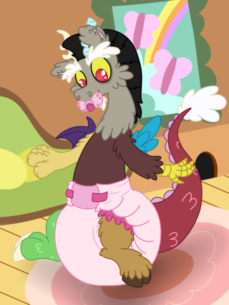 Size: 600x800 | Tagged: artist:plinkie_poi, derpibooru import, diaper, diaper fetish, discord, draconequus, fetish, fluffy, fluttershy's cottage, male, pacifier, poofy diaper, questionable, solo, solo male