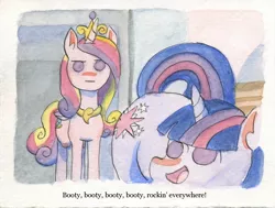 Size: 1666x1262 | Tagged: :|, artist:infinitebadness, booty booty booty booty rockin' everywhere, bubba sparxxx, derpibooru import, friendship is witchcraft, looking back, ms. new booty, princess cadance, raised eyebrow, raised tail, safe, smiling, song reference, tail, traditional art, twilight sparkle, watercolor painting