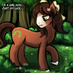 Size: 750x750 | Tagged: 30 minute art challenge, appleoosa's most wanted, artist:lumineko, derpibooru import, dialogue, flower, flower in hair, frown, just my luck, looking back, raised hoof, rule 63, safe, solo, transformation, transgender transformation, troubleheels clara, trouble shoes