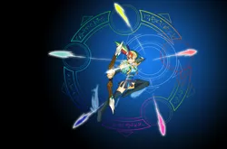 Size: 2598x1719 | Tagged: alternate universe, archer dash, archery, arrow, artist:didj, bow and arrow, bow (weapon), derpibooru import, human, humanized, my little mages, rainbow dash, safe, solo, sonic rainboom, wallpaper, weapon