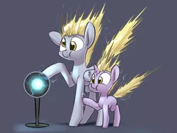 Size: 1400x1050 | Tagged: safe, artist:underpable, derpibooru import, derpy hooves, dinky hooves, pegasus, pony, unicorn, :t, cute, derpabetes, dinkabetes, electricity, equestria's best daughter, equestria's best mother, female, filly, mare, mother and child, mother and daughter, plasma ball, silly, silly pony, static, static electricity, underpable is trying to murder us