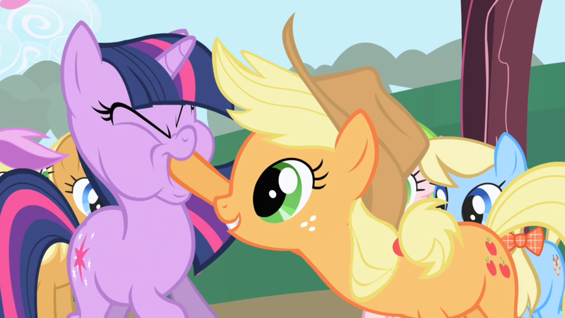 Size: 1280x720 | Tagged: safe, derpibooru import, screencap, apple cider (character), apple cobbler, applejack, lavender fritter, red gala, twilight sparkle, violet fritter, earth pony, pony, unicorn, friendship is magic, apple family member, background pony, eyes closed, female, funny face, hoof in mouth, hoofjack, mare, out of context, puffy cheeks, unicorn twilight