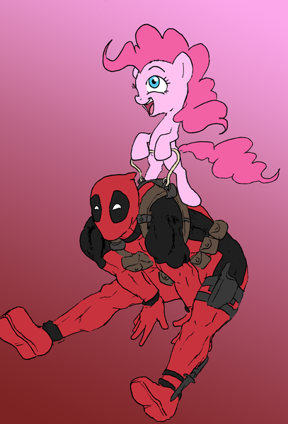 Size: 1336x1968 | Tagged: safe, artist:edcom02, artist:joelashimself, derpibooru import, pinkie pie, human, pony, colored, coloring, crossover, crossover shipping, deadpool, female, male, marvel, pinkiepool (pairing), ponies riding humans, riding, straight, wade wilson, we are doomed, xk-class end-of-the-world scenario