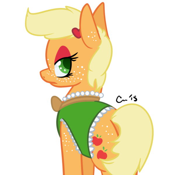 Size: 1000x1000 | Tagged: alternate hairstyle, applejack, artist:rivalcat, clothes, derpibooru import, eyeshadow, freckles, makeup, safe, solo, we don't normally wear clothes