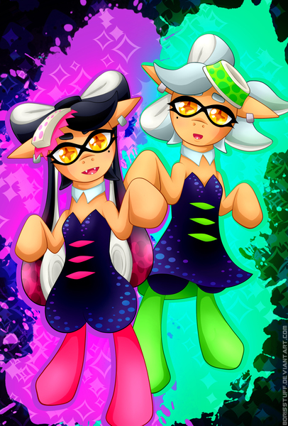 Size: 2100x3100 | Tagged: safe, artist:borisstuff, derpibooru import, ponified, pony, bipedal, callie, marie (splatoon), splatoon, squid sisters