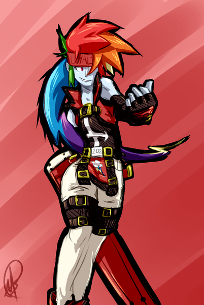 Size: 1024x1530 | Tagged: safe, artist:manic-the-lad, derpibooru import, rainbow dash, equestria girls, 20% cooler, belts, crossover, guilty gear, headband, smiling, sol badguy, solo