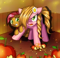 Size: 936x899 | Tagged: safe, artist:uotapo, derpibooru import, idw, babs seed, sunflower (character), earth pony, pony, spoiler:comic, spoiler:comic32, apple, big sister instinct, female, filly, food, freckles, hiding, living apple, mare, open mouth, protecting, scared