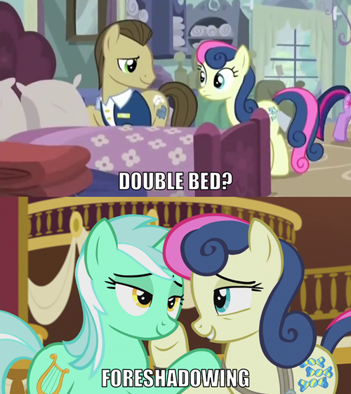 Size: 500x562 | Tagged: safe, derpibooru import, bon bon, davenport, lyra heartstrings, sweetie drops, twilight sparkle, castle sweet castle, slice of life (episode), bed, female, lesbian, lyrabon, quills and sofas, shipping, shipping fuel