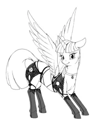 Size: 3464x4179 | Tagged: suggestive, artist:longinius, derpibooru import, twilight sparkle, twilight sparkle (alicorn), alicorn, pony, series:rarity's secret, clothed ponies, clothes, collar, female, garters, grayscale, implied lesbian, implied shipping, implied twilestia, lace, lingerie, looking at you, mare, monochrome, smiling, solo, solo female, spread wings, stockings, thigh highs, wings