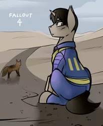 Size: 640x782 | Tagged: safe, artist:whitepone, derpibooru import, dog, pony, unicorn, clothes, fallout, fallout 4, jumpsuit, nate (fallout 4), the sole survivor, vault suit